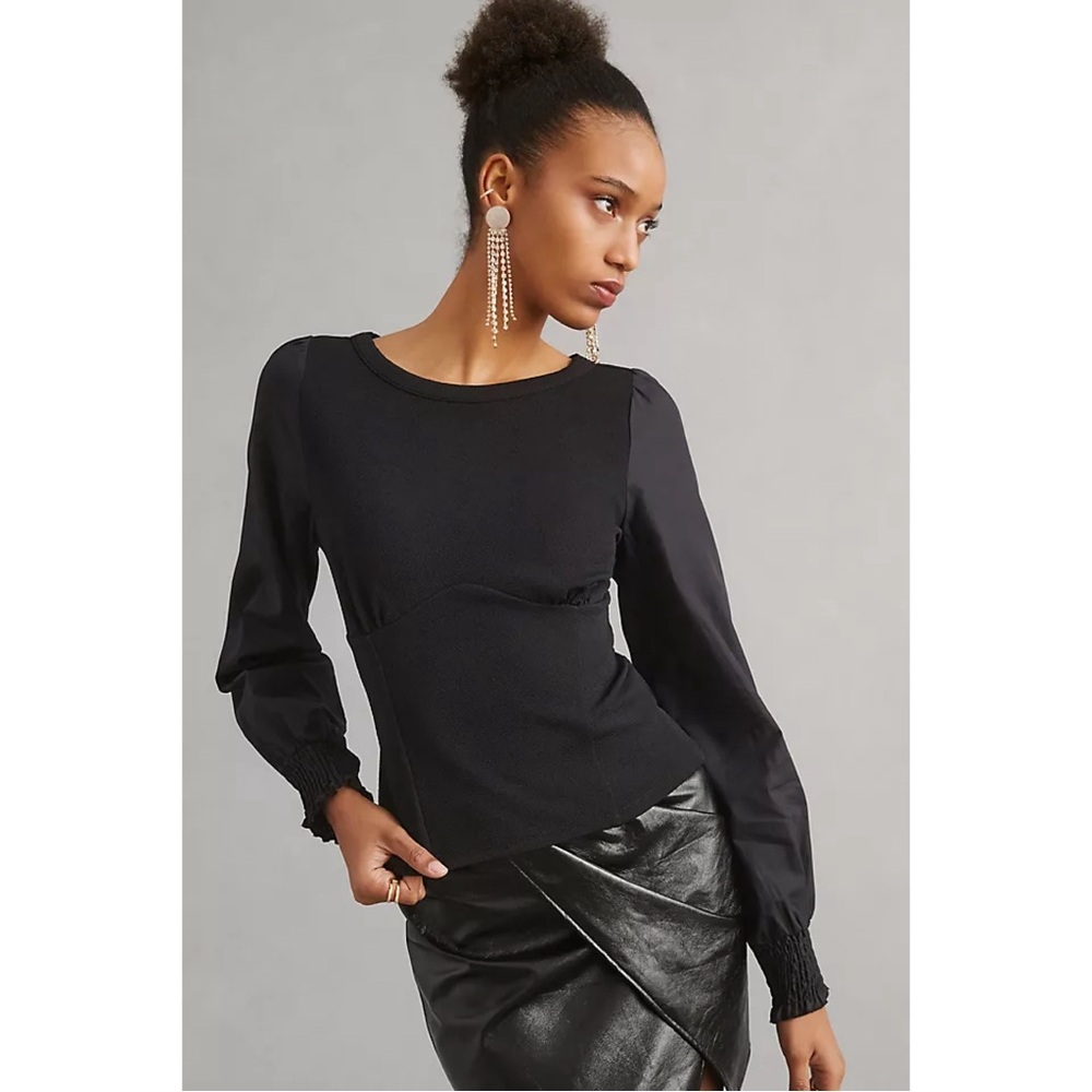 By Anthropologie Structured Corset Boatneck Long Sleeve Blouse Top Black Small